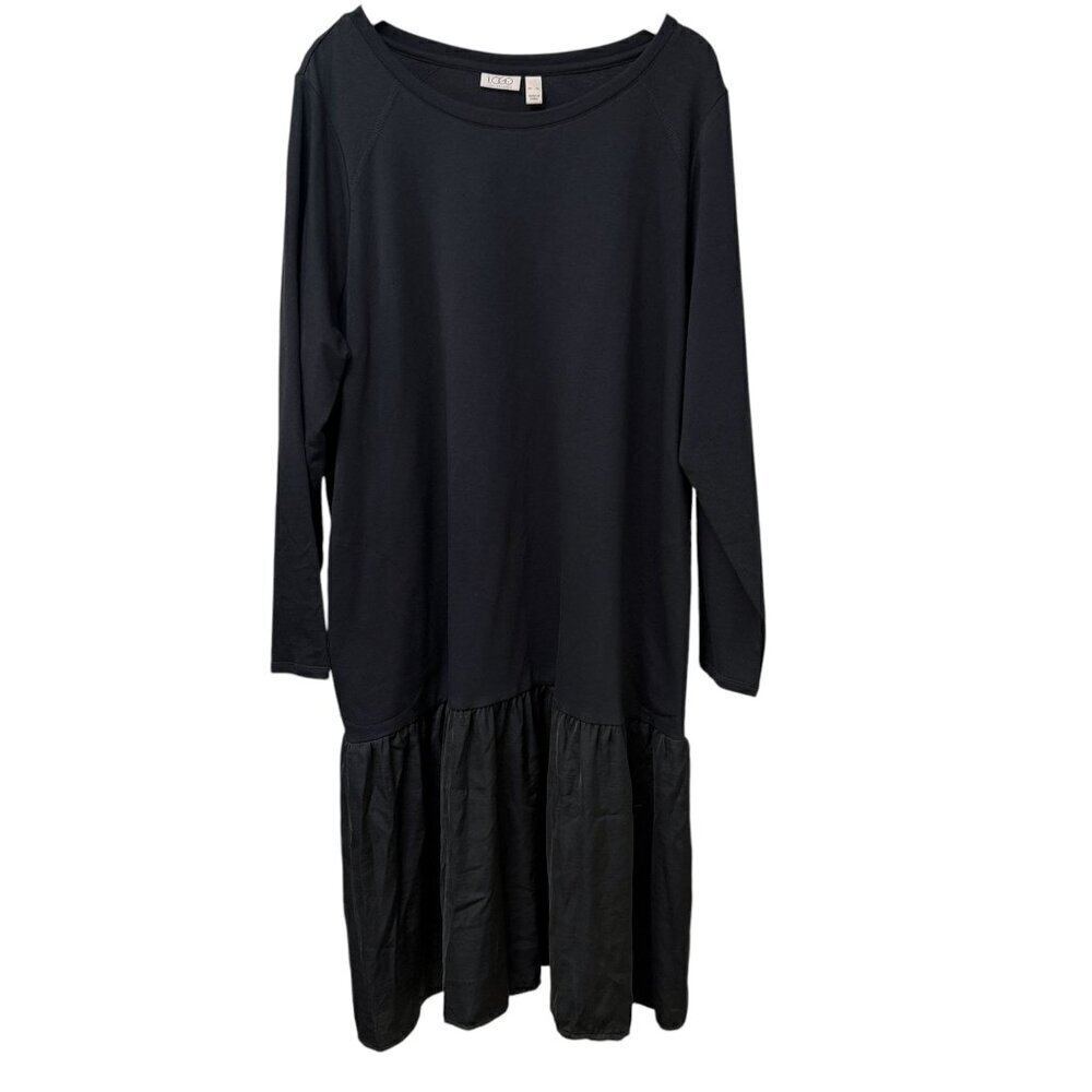 LOGO Lori Goldstein Black Dress Size XL Ruffle Tier Boho Casual Tee Midi